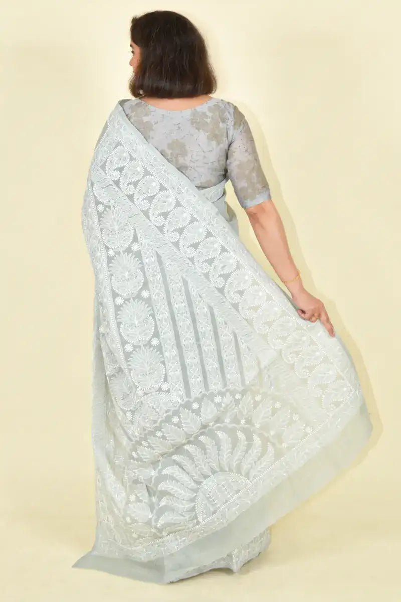 Fabnuma Handcrafted Gray Cotton Chikankari Saree-Blouse - Fabnuma