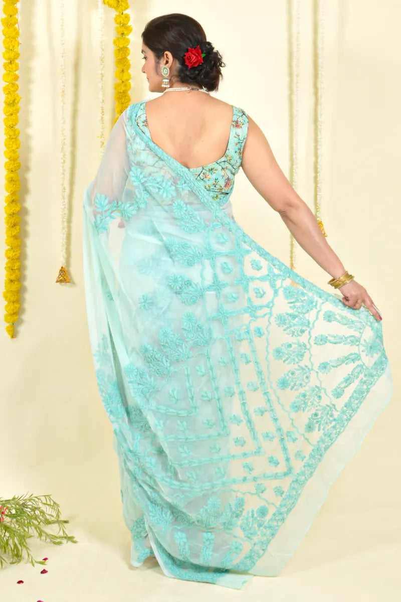 Fabnuma Handcrafted Sea Green Georgette Chikankari Saree-Blouse Fabnuma