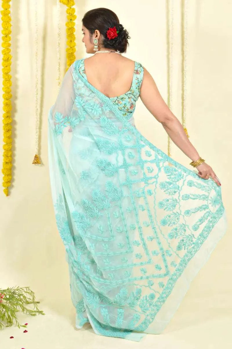 MeMaana Handcrafted Sea Green Georgette Chikankari Saree-Blouse MeMaana