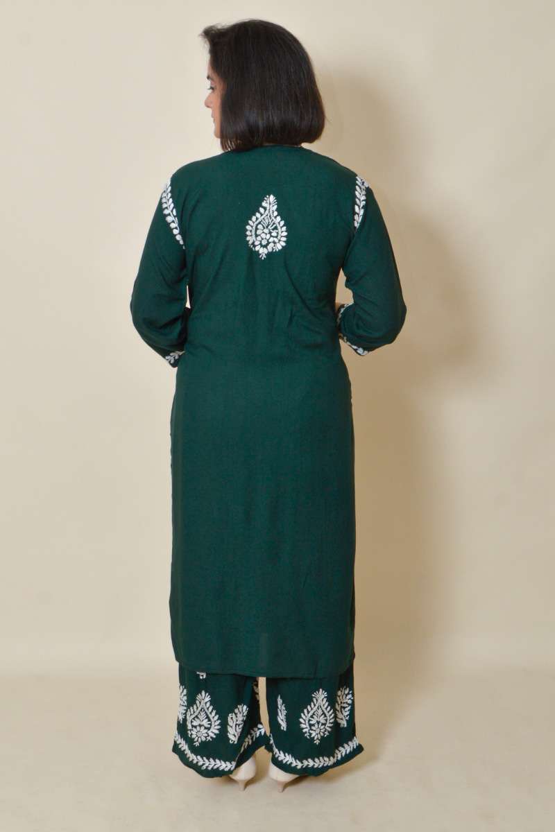 Fabnuma Handcrafted Olive Green Rayon Cotton Chikankari Kurta Bottom Set - Fabnuma