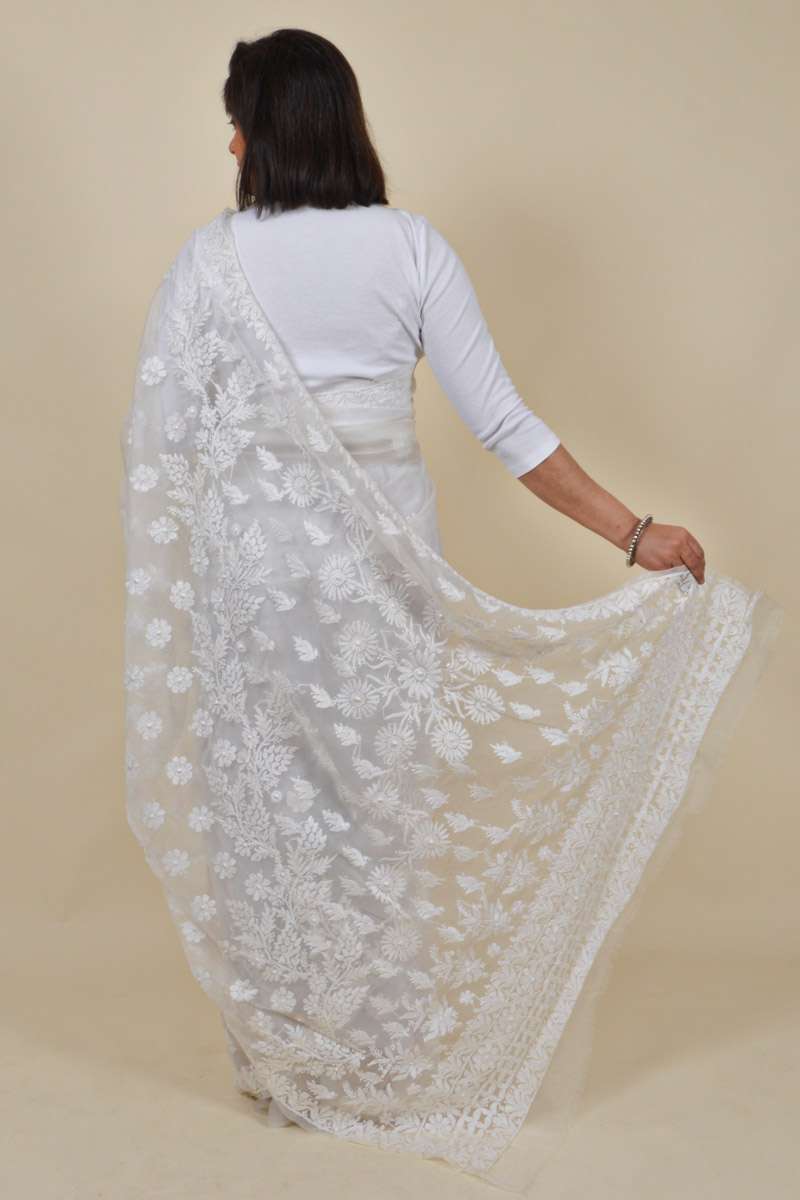 Fabnuma Handcrafted White Organza Chikankari Saree-Blouse - Fabnuma