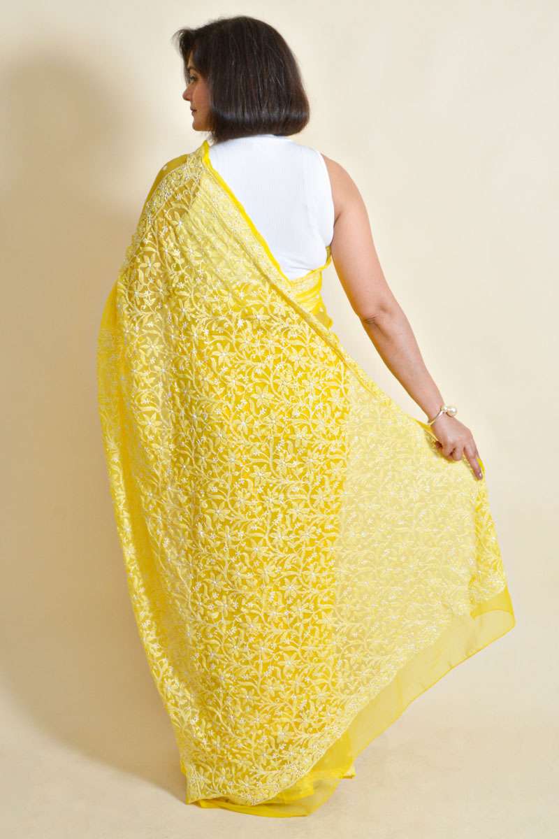 Fabnuma Handcrafted Yellow Georgette Chikankari Saree-Blouse - Fabnuma