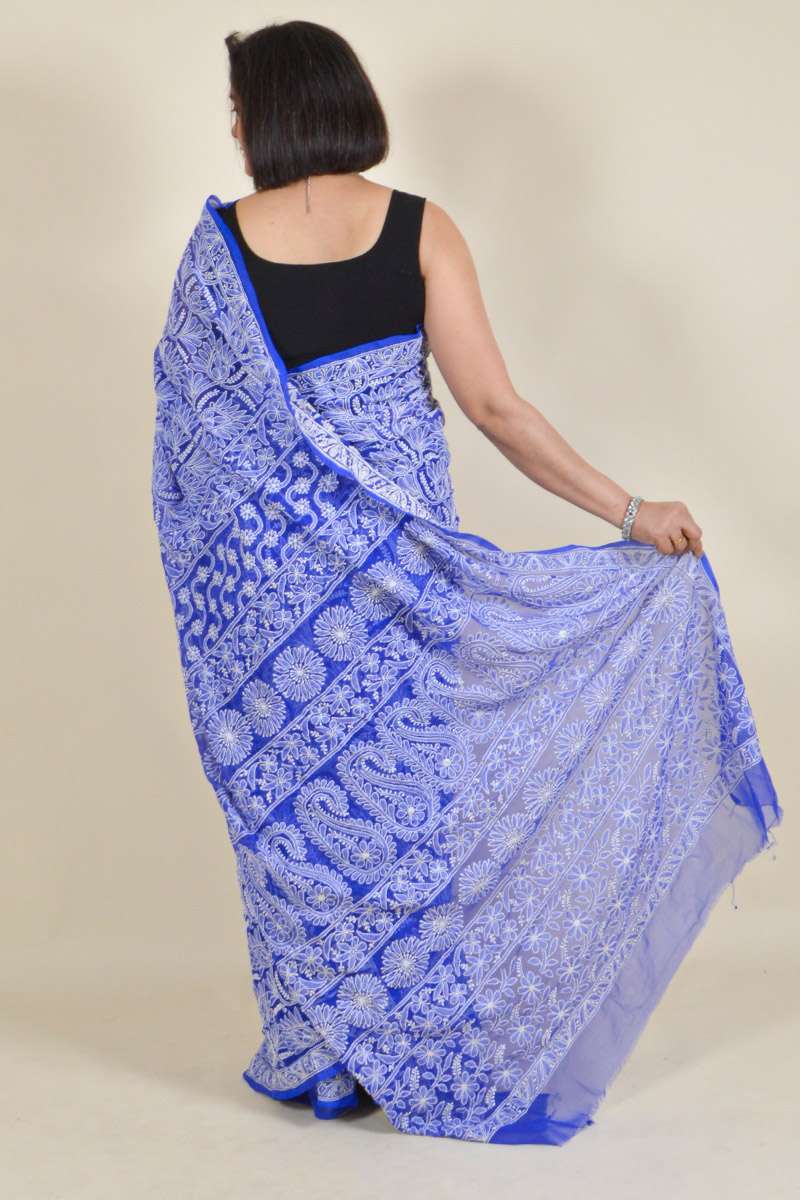 Fabnuma Handcrafted Blue Georgette Chikankari Saree-Blouse - Fabnuma