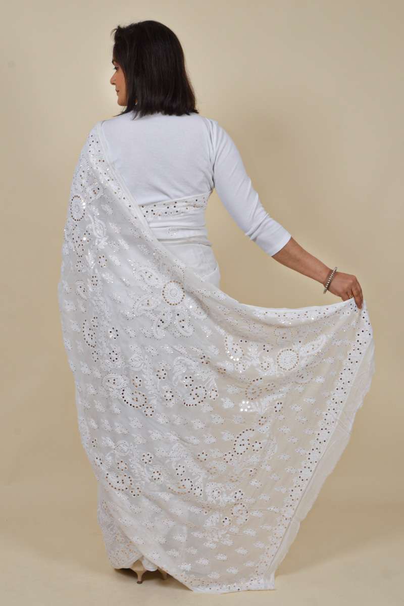 Fabnuma Handcrafted White Viscose Chikankari Saree-Mukesh Work - Fabnuma