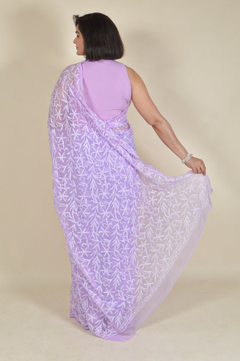 Fabnuma Handcrafted Lavender Georgette Tepchi Chikankari Saree-Blouse - Fabnuma