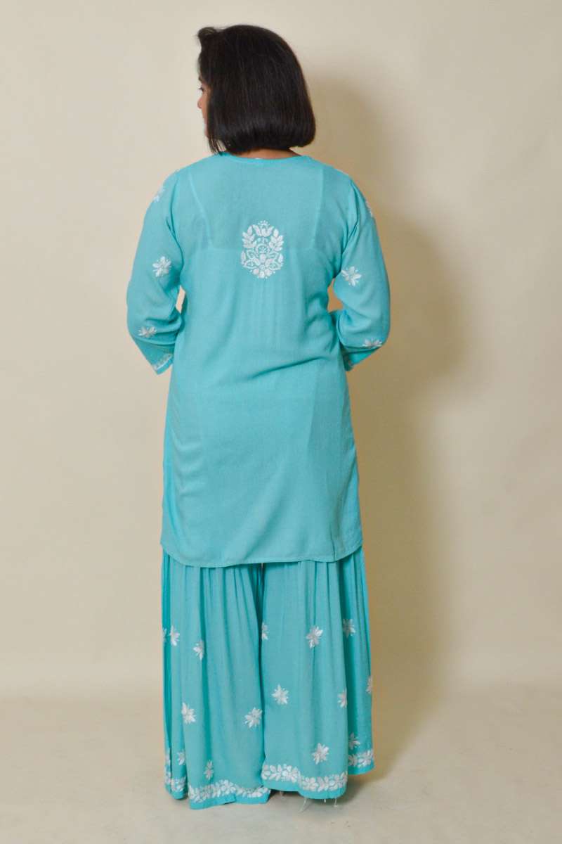 Fabnuma Handcrafted Sky Blue Rayon Cotton Chikankari Kurta Bottom Set - Fabnuma