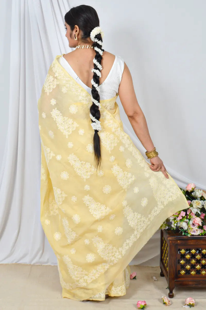 MeMaana Handcrafted Yellow Cotton Border Palla Chikankari Saree with Blouse MeMaana