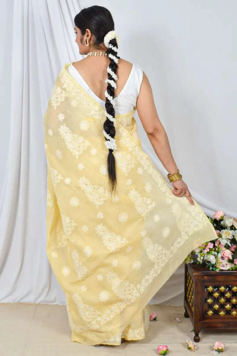 MeMaana Handcrafted Yellow Cotton Border Palla Chikankari Saree with Blouse MeMaana