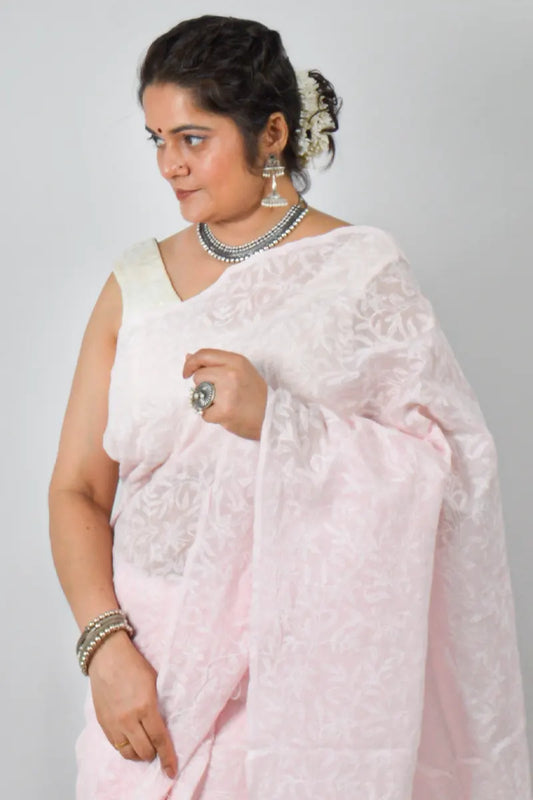 Baby Pink Kota cotton saree with handcrafted Lucknowi Chikankari embroidery and matching blouse – traditional wear by Fabnuma