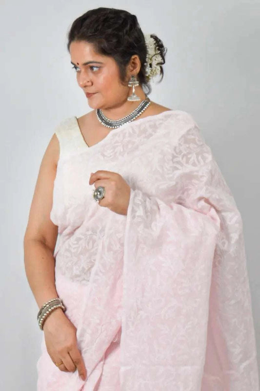 Baby Pink Kota cotton saree with handcrafted Lucknowi Chikankari embroidery and matching blouse – traditional wear by Fabnuma