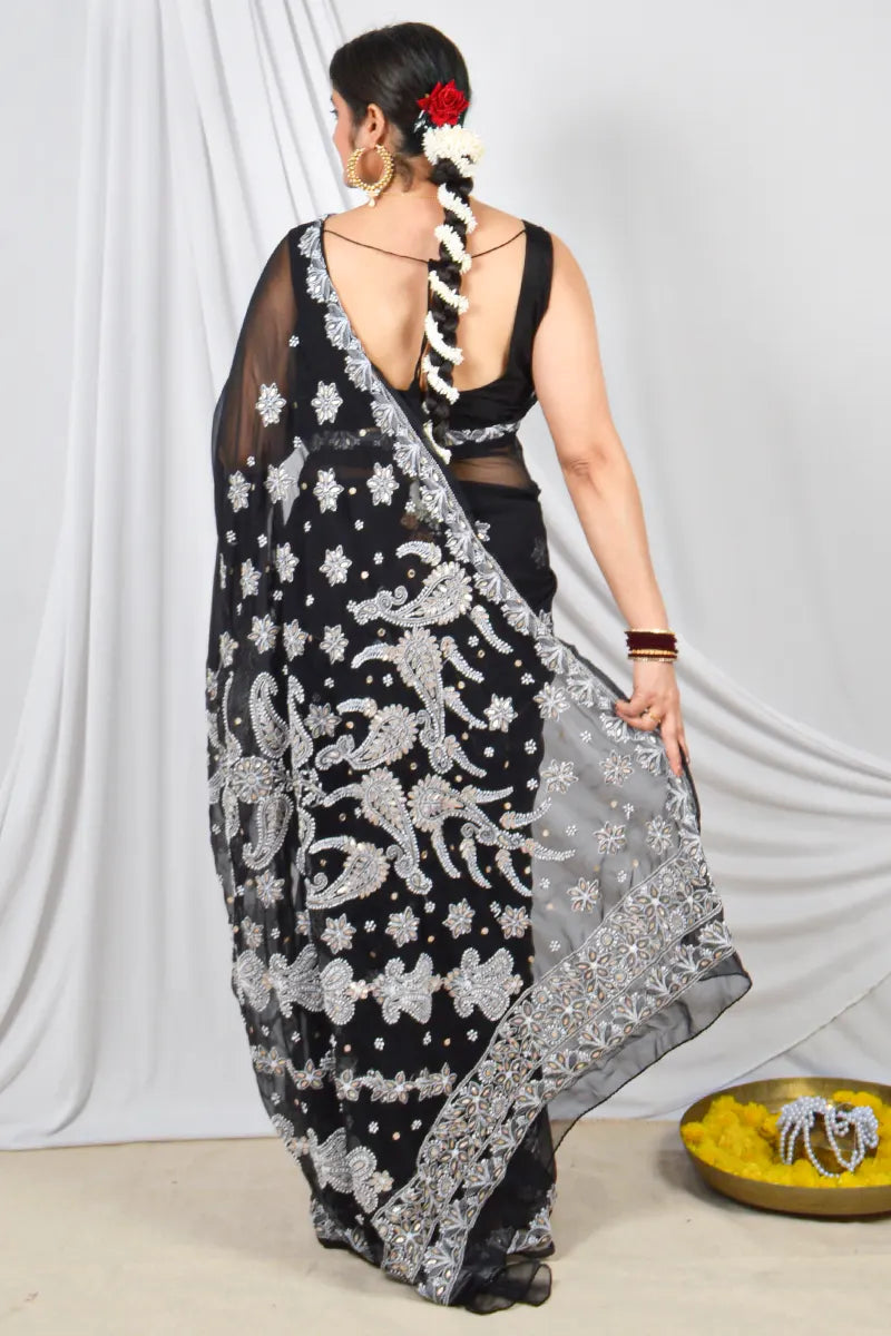 Black Color Georgette Gotapatti Lucknowi Chikankari Designer Saree Embroidery and Blouse – Perfect for Weddings & Festive Wear