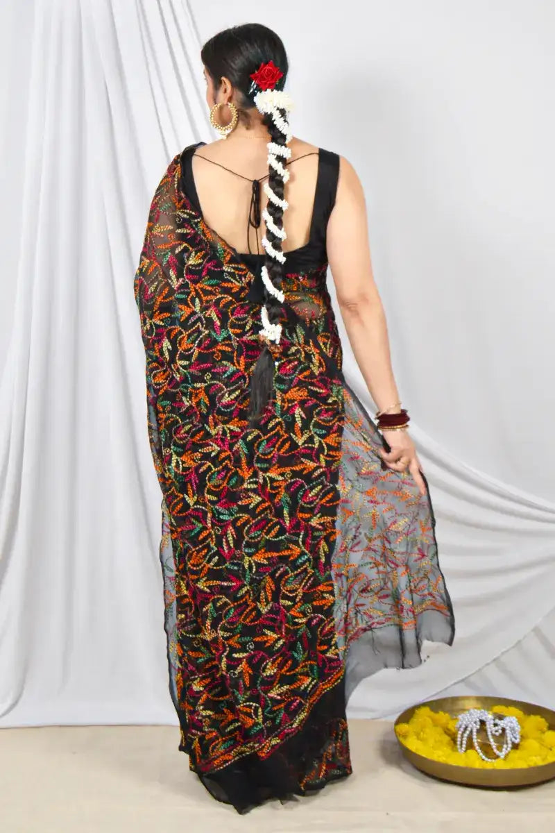 Black Georgette Tepchi Lucknowi Allover Embroidery and Blouse – Perfect for Weddings & Festive Wear