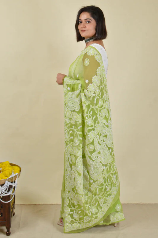 MeMaana Handcrafted Green Georgette Chikankari Saree with Blouse MeMaana