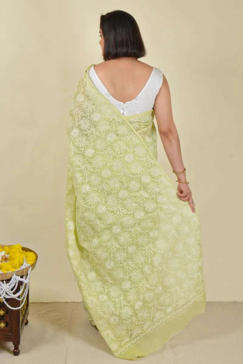 Fabnuma Handcrafted Green Kota Cotton Tepchi Chikankari Saree-Blouse Fabnuma