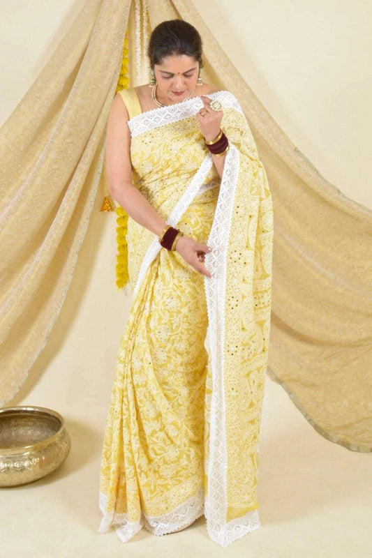 MeMaana Handcrafted Yellow Georgette Chikankari Saree with Blouse-Mukaish Work MeMaana