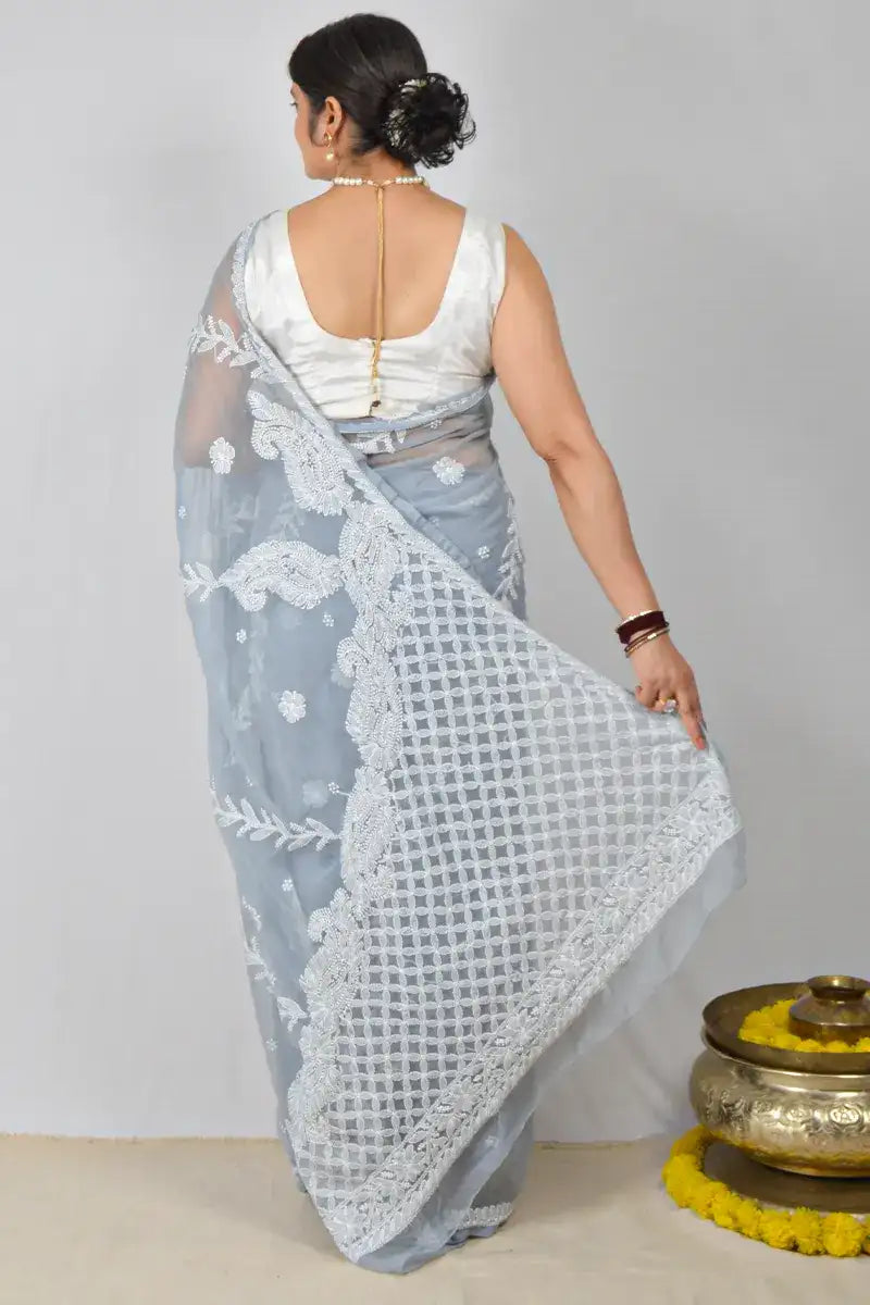 Gray georgette saree with hand-embroidered Lucknowi Chikankari and matching blouse – handcrafted ethnic saree by MeMaana