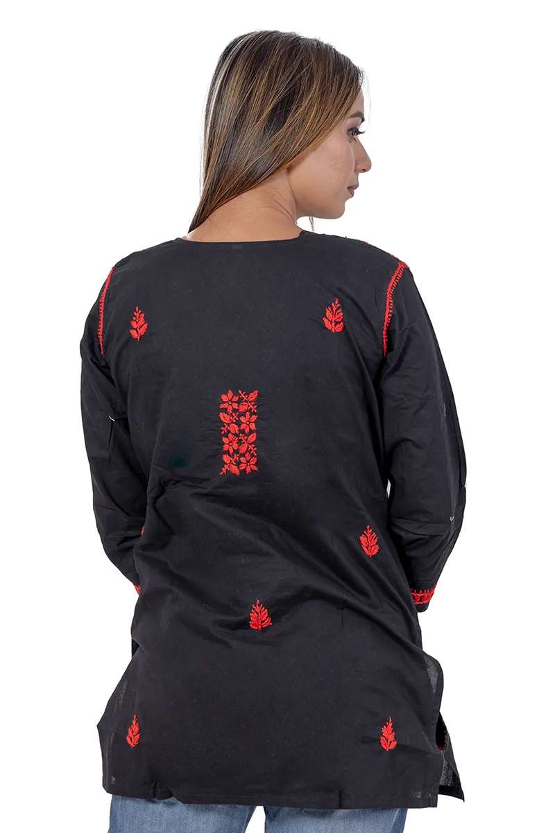 Fabnuma Handcrafted Chikankari Black Cotton Short Top featuring red embroidered details on the back in traditional style.