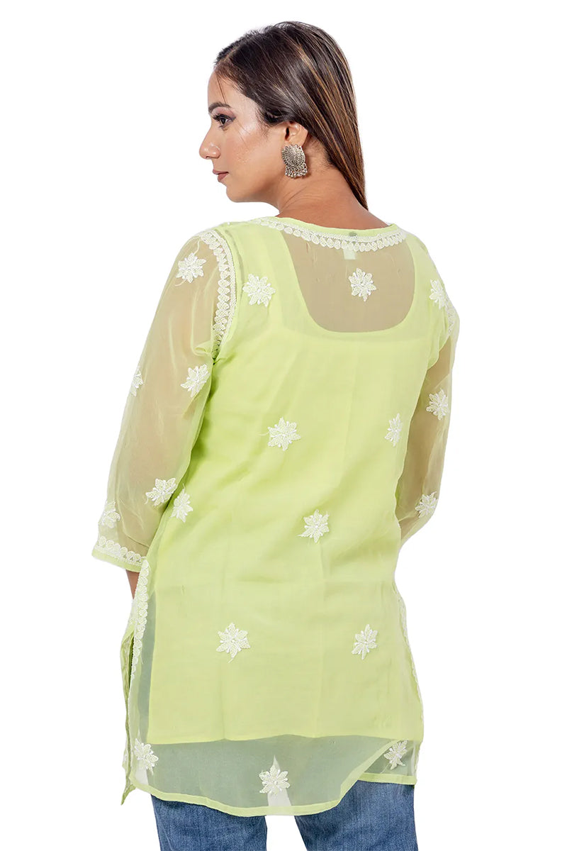 Fabnuma Handcrafted Chikankari Light Green Georgette Short Kurti - Fabnuma
