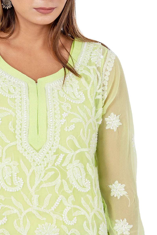 Fabnuma Handcrafted Chikankari Light Green Georgette Short Kurti - Fabnuma