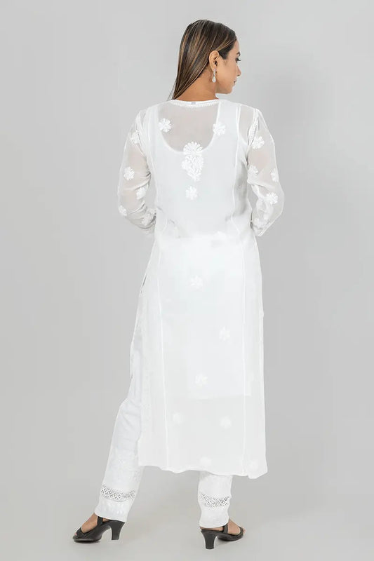 Memaana Handcrafted Georgette White Chikankari Kurti - Memaana