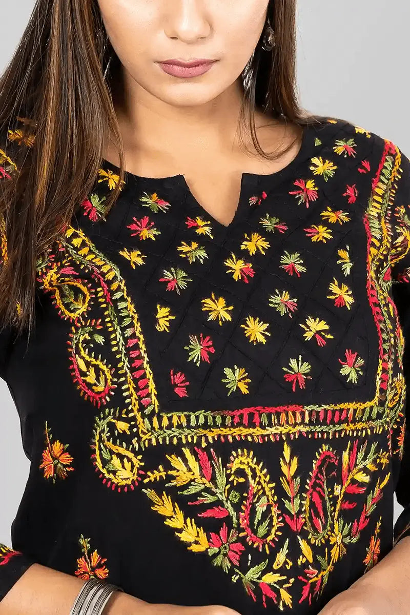 Fabnuma Handcrafted Chikankar Black Cotton Designer Kurti - Fabnuma