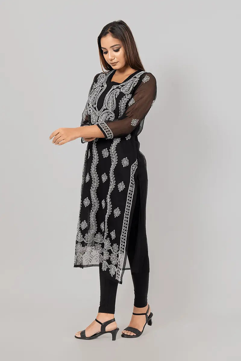 Fabnuma Handcrafted Chikankar Black Georgette Kurti Designer Pattern - Fabnuma