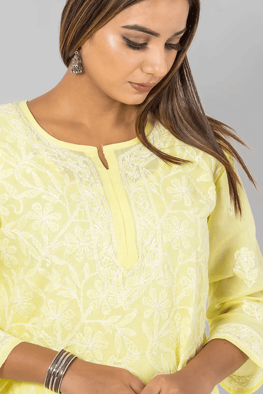 Fabnuma Handcrafted Chikankari Designer Lemon Cotton Kurti - Fabnuma