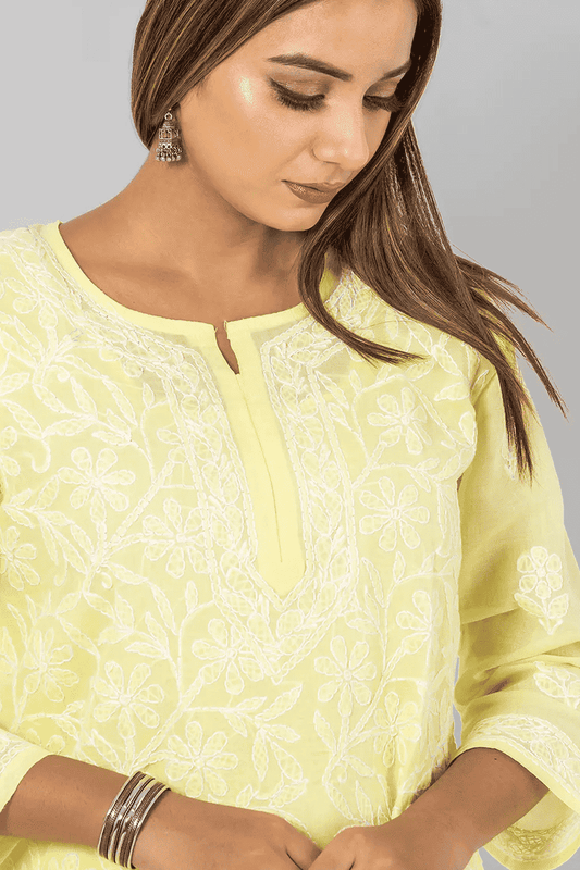 Fabnuma Handcrafted Chikankari Designer Lemon Cotton Kurti - Fabnuma