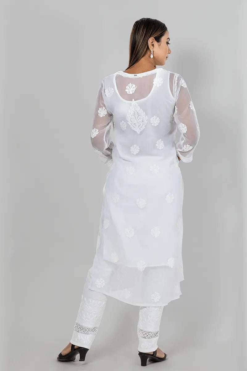 Memaana Handcrafted Chikankari White Georgette Kurti - Memaana