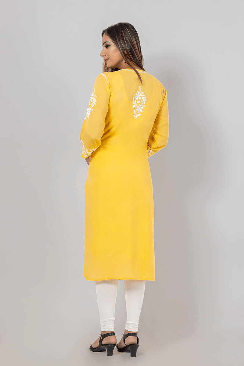 Fabnuma Handcrafted Chikankari Yellow Rayon Cotton Kurti - Fabnuma