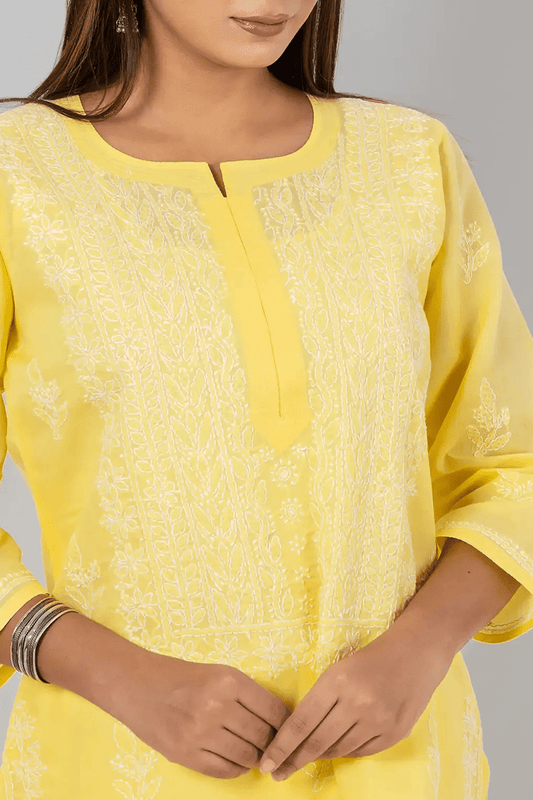 Fabnuma Handcrafted Chikankari Yellow Cotton Kurti - Fabnuma