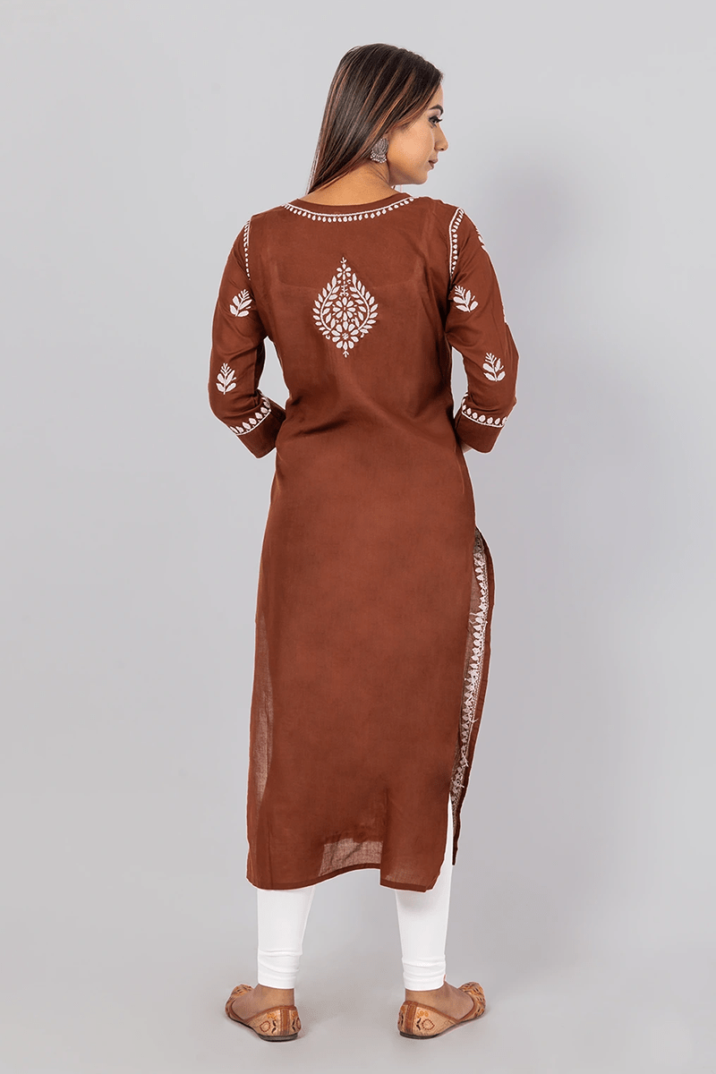 Fabnuma Handcrafted Chikankari Brown Cotton Kurti - Fabnuma