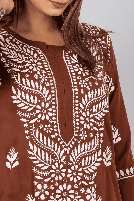 Fabnuma Handcrafted Chikankari Brown Cotton Kurti - Fabnuma