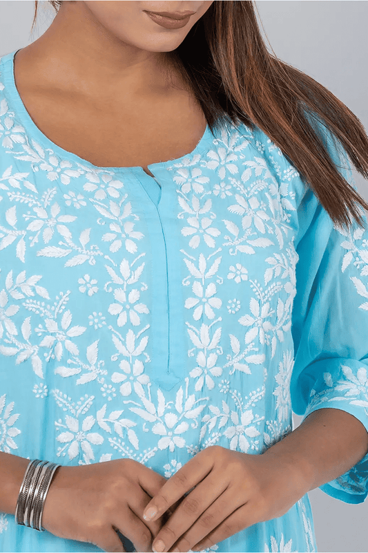 Fabnuma Handcrafted Chikankari Sky Blue Rayon Cotton Kurti - Fabnuma