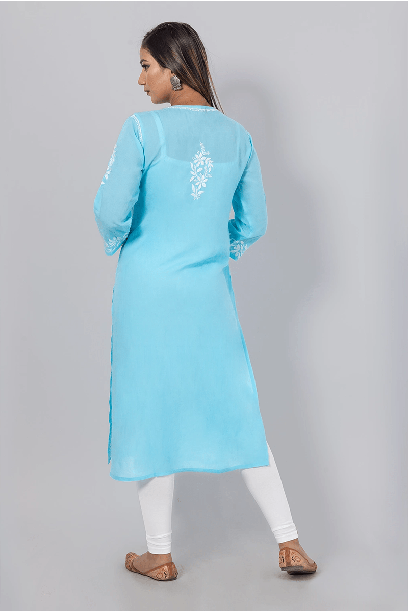 Fabnuma Handcrafted Chikankari Sky Blue Rayon Cotton Kurti - Fabnuma