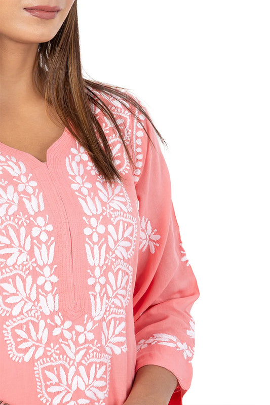 Fabnuma Handcrafted Peach Chikankari Rayon Cotton Kurti - Fabnuma
