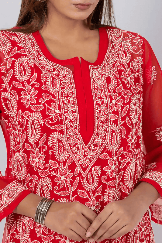 Fabnuma Handcrafted Chikankari Red Georgette Kurti - Fabnuma