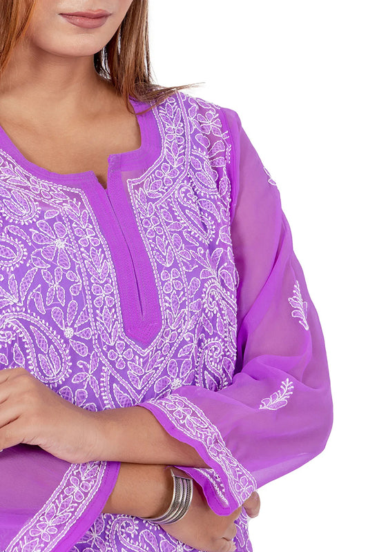 Fabnuma Handcrafted Purple Chikankari Georgette Kurti - Fabnuma
