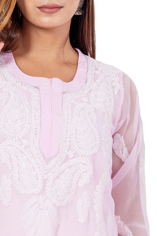 Fabnuma Handcrafted Baby Pink Chikankari Georgette Kurti - Fabnuma