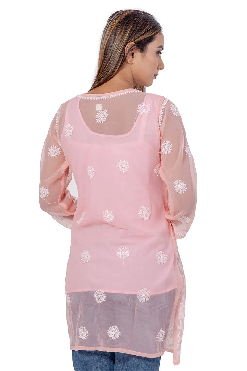 Fabnuma Handcrafted Chikankari Peach Georgette Short Kurti - Fabnuma