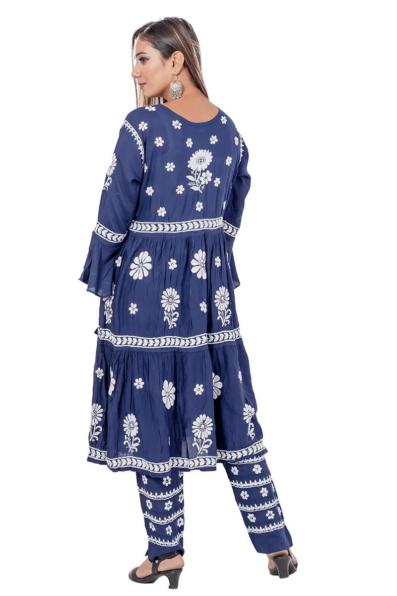 Fabnuma Handcrafted Blue Rayon Cotton Chikankari A-Line Kurta Bottom Set - Fabnuma