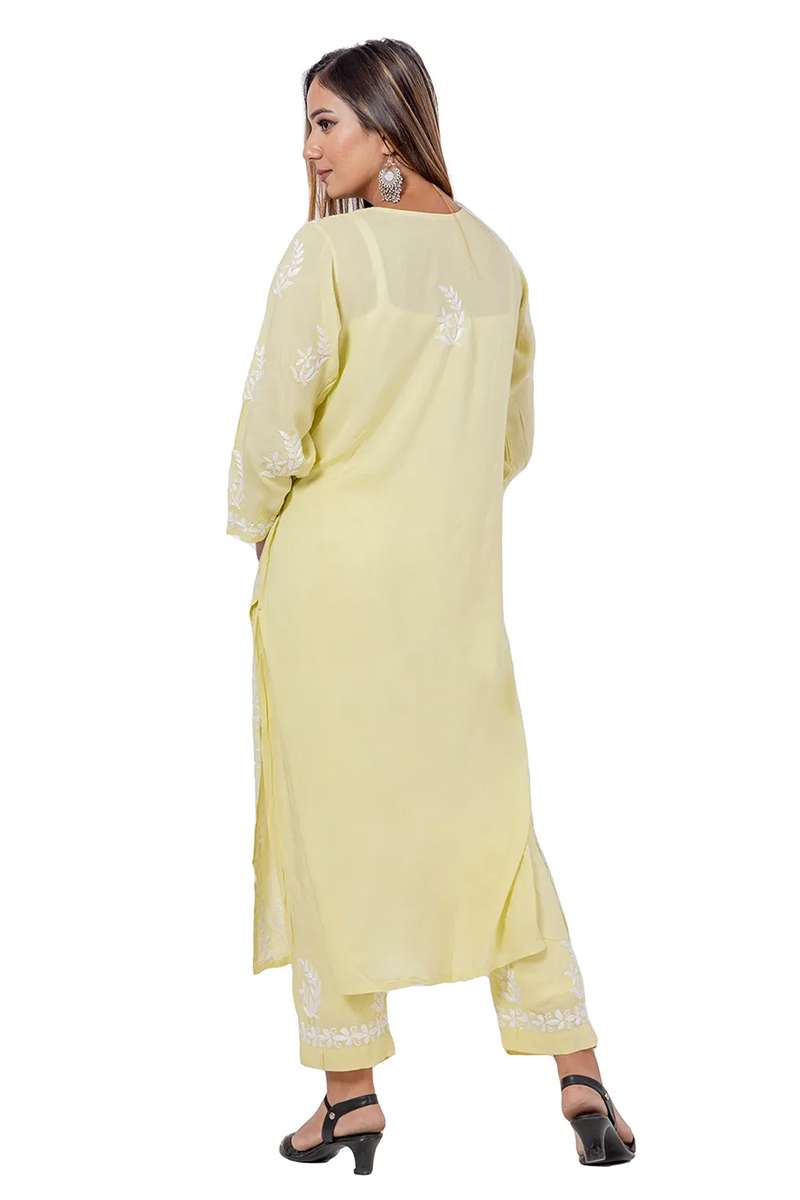 Fabnuma Handcrafted Lemon Rayon Cotton Chikankari Kurta Bottom Set - Fabnuma