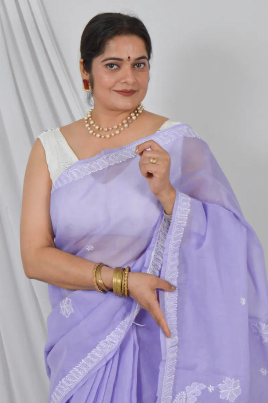 Handcrafted Lavender Cotton Saree with intricate Lucknowi Chikankari Embroidery and a Matching Blouse, ideal for Festive and Occasions.