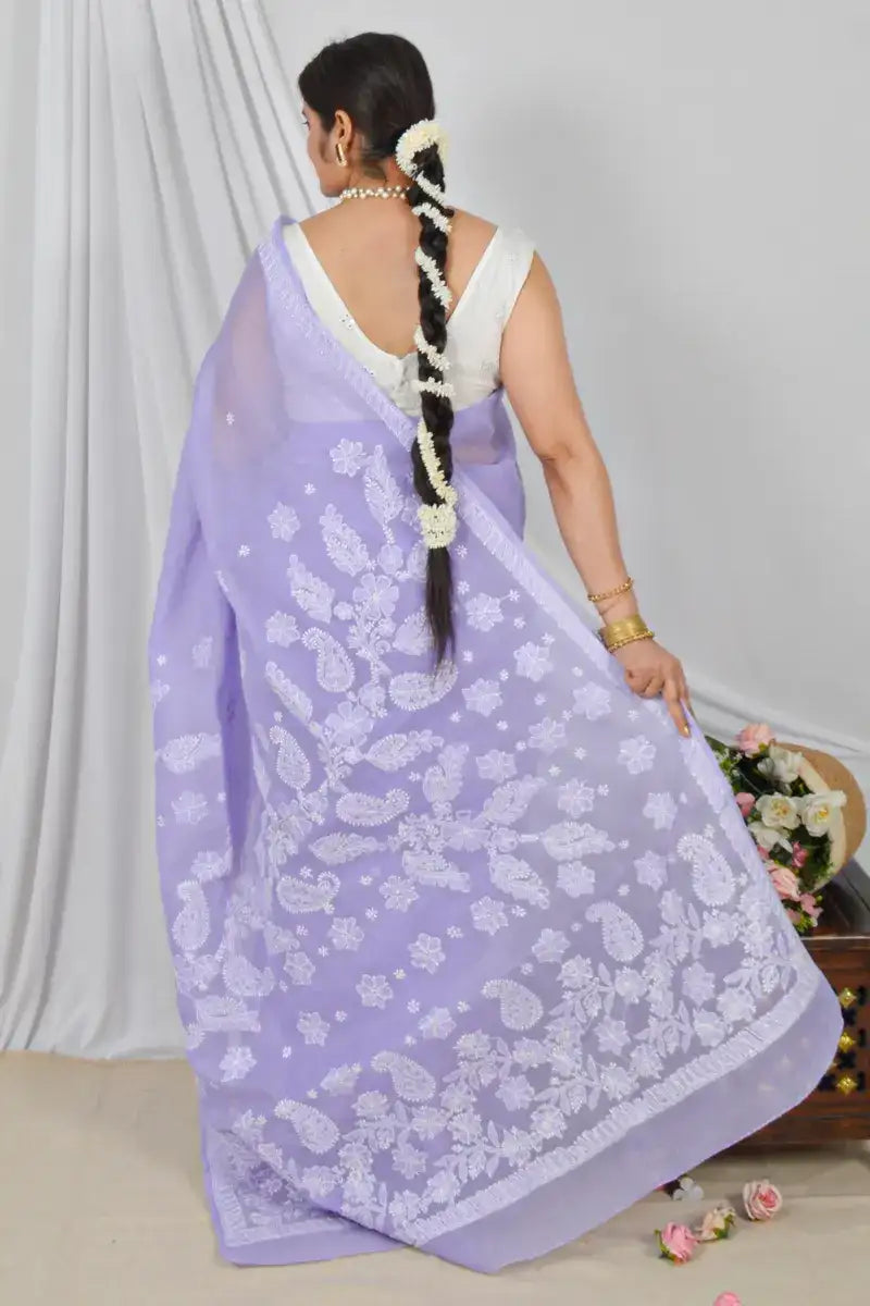 Handcrafted Lavender Cotton Saree with intricate Lucknowi Chikankari Embroidery and a Matching Blouse, ideal for Festive and Occasions.