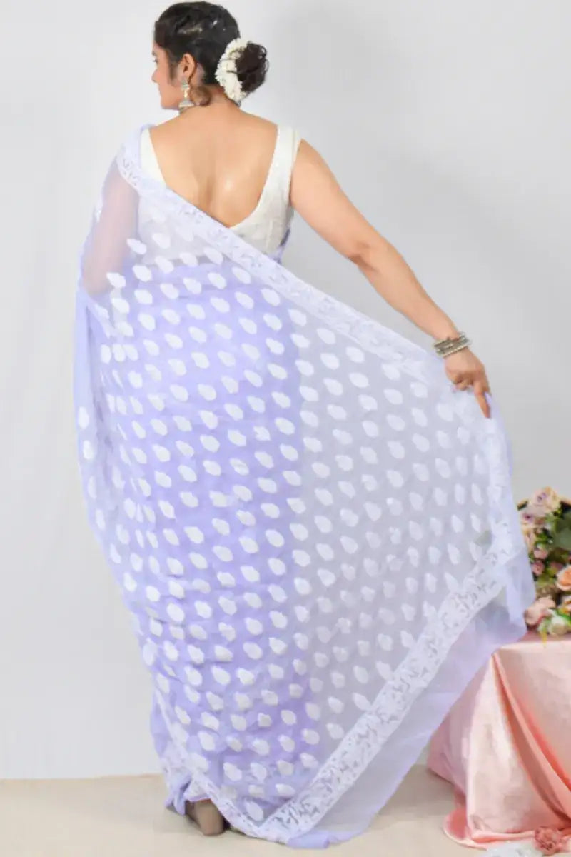 Lavender georgette saree with hand-embroidered Lucknowi Chikankari and matching blouse – handcrafted designer ethnic saree by Fabnuma