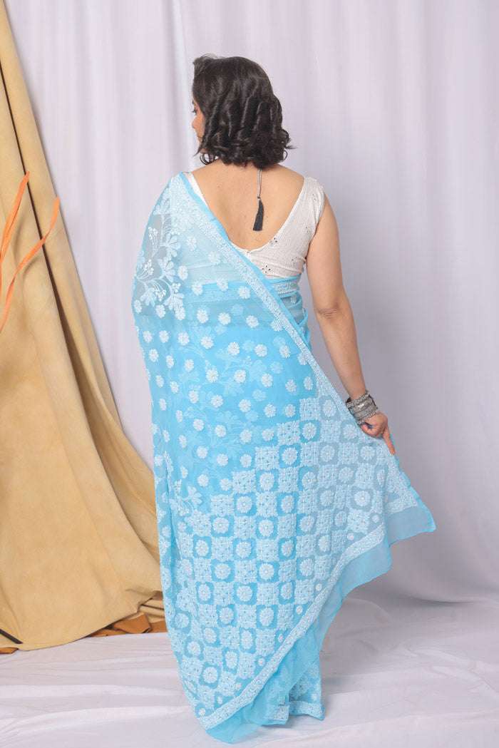 MeMaana Handcrafted Sky Blue Georgette Chikankari Saree-Blouse MeMaana