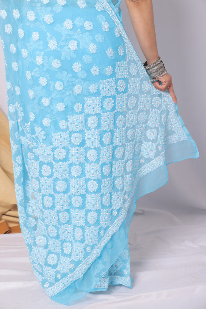 MeMaana Handcrafted Sky Blue Georgette Chikankari Saree-Blouse MeMaana