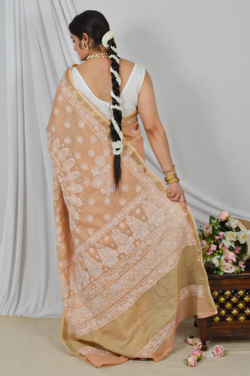 Memaana Handcrafted Orange Heavy Palla Chanderi Cotton Saree with Blouse Lucknowi Chikankari