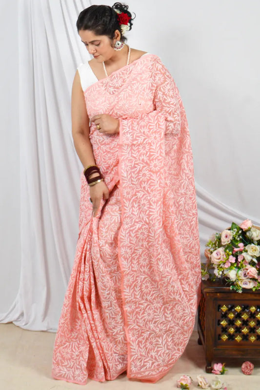 Handcrafted Peach Kota Cotton Allover Tepchi Work Saree with intricate Lucknowi Chikankari embroidery and ideal for Festive and occasions.