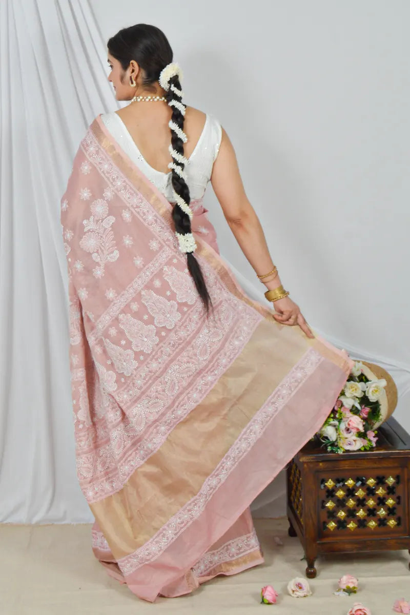 Memaana Handcrafted Peach Border Palla Chanderi Cotton Saree with Blouse Lucknowi Chikankari